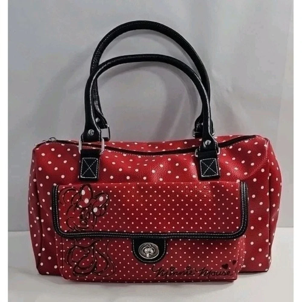 Disney Parks Minnie Mouse Handbag Purse Satchel Red Polka Dots Faux Leather -EUC